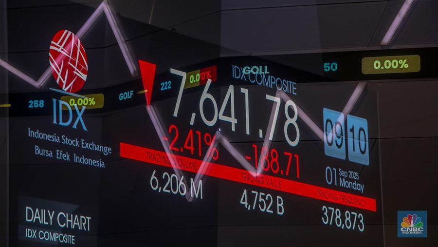 Layar menampilkan pergerakan Indeks Harga Saham Gabungan (IHSG) di Kantor Bursa Efek Indonesia (BEI), Jakarta, Senin (1/9/2025). Layar menampilkan pergerakan Indeks Harga Saham Gabungan (IHSG) di Kantor Bursa Efek Indonesia (BEI), Jakarta, Senin (1/9/2025). (CNBC Indonesia/Faisal Rahman)