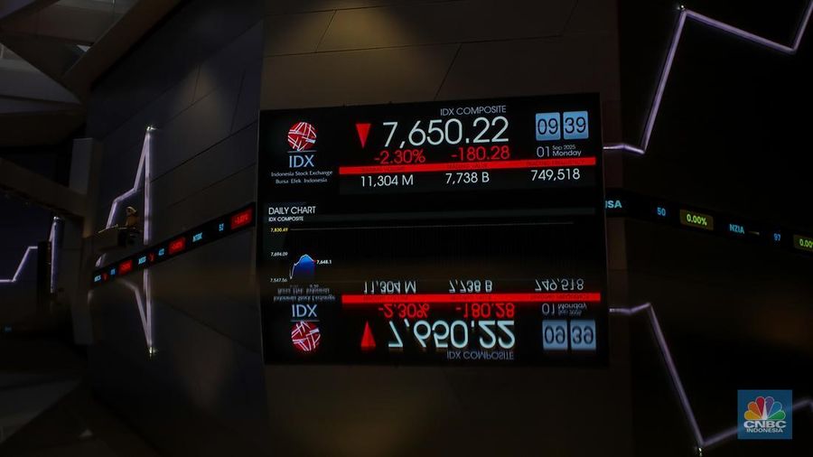 Layar menampilkan pergerakan Indeks Harga Saham Gabungan (IHSG) di Kantor Bursa Efek Indonesia (BEI), Jakarta, Senin (1/9/2025). Layar menampilkan pergerakan Indeks Harga Saham Gabungan (IHSG) di Kantor Bursa Efek Indonesia (BEI), Jakarta, Senin (1/9/2025). (CNBC Indonesia/Faisal Rahman)