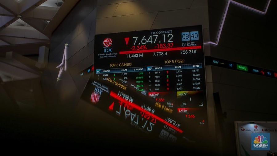 Layar menampilkan pergerakan Indeks Harga Saham Gabungan (IHSG) di Kantor Bursa Efek Indonesia (BEI), Jakarta, Senin (1/9/2025). (CNBC Indonesia/Faisal Rahman)