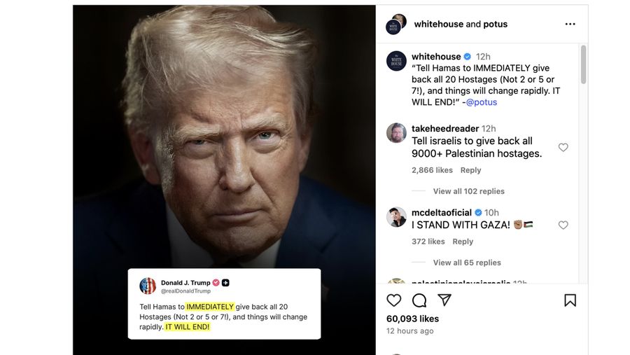 Presiden AS Donald Trump mengunggah sebuah pernyataan mengenai 20 sandera Israel yang ditawan Hamas untuk segera dilepaskan. (Instagram/whitehouse)