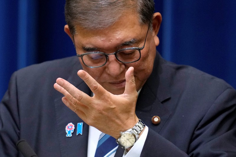 Perdana Menteri Jepang Shigeru Ishiba menghadiri konferensi pers saat mengumumkan pengunduran dirinya, di Tokyo, Jepang, Minggu (7/9/2025).  (TORU HANAI/Pool via REUTERS)