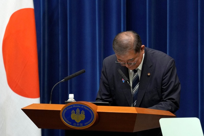 Perdana Menteri Jepang Shigeru Ishiba menghadiri konferensi pers saat mengumumkan pengunduran dirinya, di Tokyo, Jepang, Minggu (7/9/2025). (TORU HANAI/Pool via REUTERS) Perdana Menteri Jepang Shigeru Ishiba menghadiri konferensi pers saat mengumumkan pengunduran dirinya, di Tokyo, Jepang, Minggu (7/9/2025). (TORU HANAI/Pool via REUTERS)