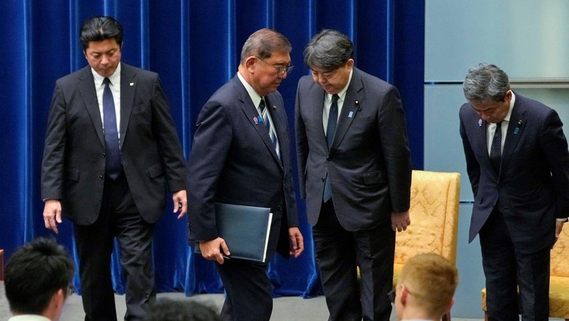 Perdana Menteri Jepang Shigeru Ishiba menghadiri konferensi pers saat mengumumkan pengunduran dirinya, di Tokyo, Jepang, Minggu (7/9/2025).  (TORU HANAI/Pool via REUTERS)