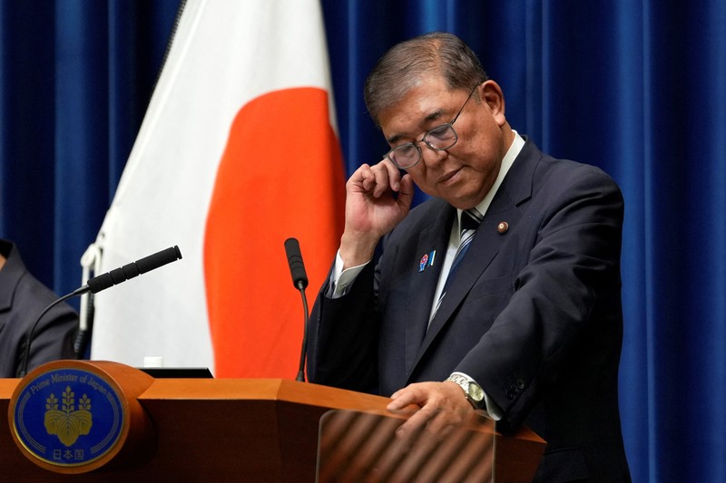 Perdana Menteri Jepang Shigeru Ishiba menghadiri konferensi pers saat mengumumkan pengunduran dirinya, di Tokyo, Jepang, Minggu (7/9/2025). (TORU HANAI/Pool via REUTERS) Perdana Menteri Jepang Shigeru Ishiba menghadiri konferensi pers saat mengumumkan pengunduran dirinya, di Tokyo, Jepang, Minggu (7/9/2025). (TORU HANAI/Pool via REUTERS)