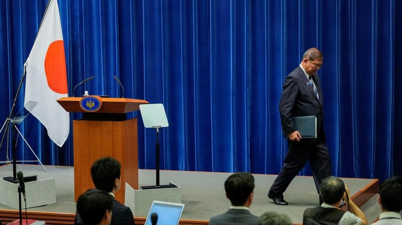 Perdana Menteri Jepang Shigeru Ishiba menghadiri konferensi pers saat mengumumkan pengunduran dirinya, di Tokyo, Jepang, Minggu (7/9/2025).  (TORU HANAI/Pool via REUTERS)