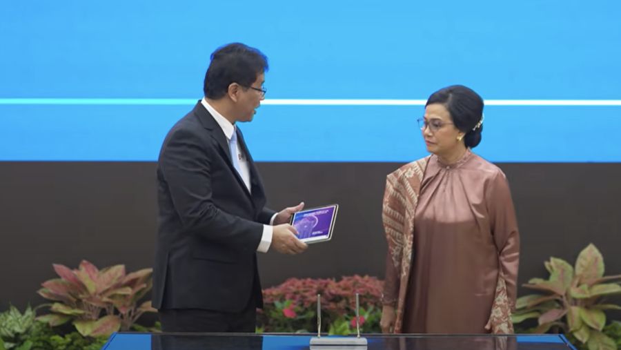 Sri Mulyani tiba di Kementerian Kuangan, Jakarta, Selasa (9/9/2025). (CNBC Indonesia/Zahwa Madjid)
