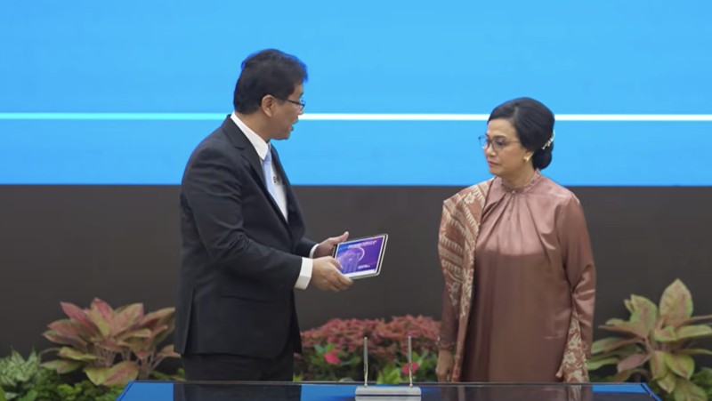 Sri Mulyani tiba di Kementerian Kuangan, Jakarta, Selasa (9/9/2025). (CNBC Indonesia/Zahwa Madjid)