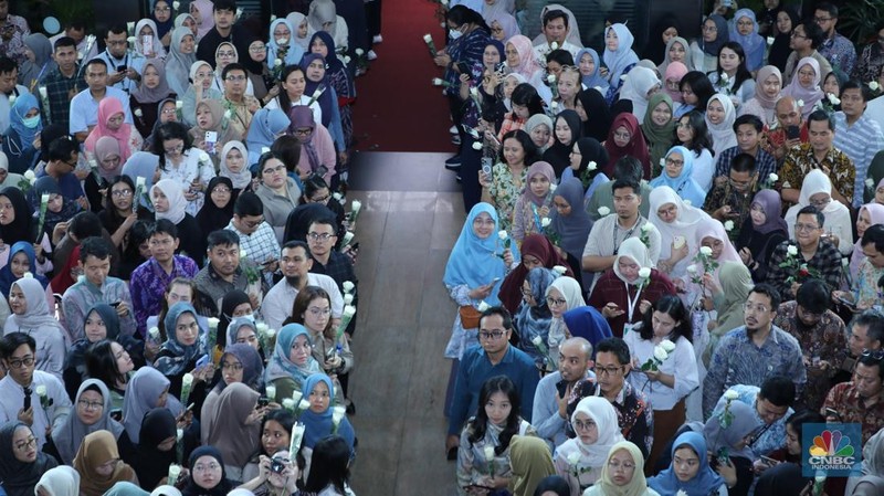 Suasana pelepasan mantan Menteri Keuangan Sri Mulyani di Kantor Kementerian Kuangan, Jakarta, Selasa (9/9/2025). (CNBC Indonesia/Tri Susilo)