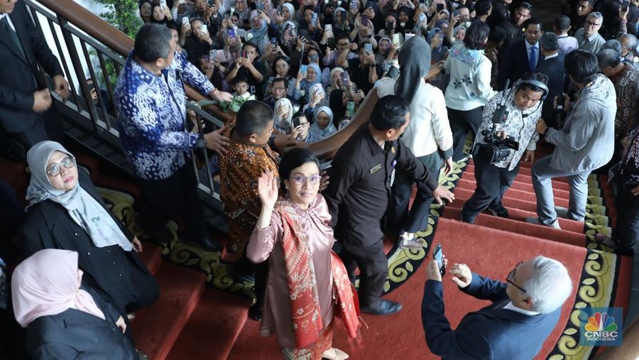 Suasana pelepasan mantan Menteri Keuangan Sri Mulyani di Kantor Kementerian Kuangan, Jakarta, Selasa (9/9/2025). (CNBC Indonesia/Tri Susilo)