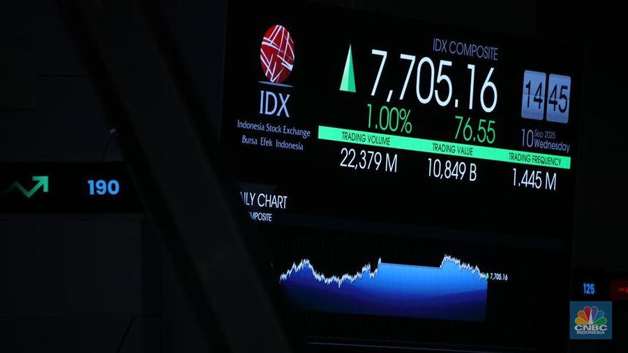 Layar menampilkan pergerakan Indeks Harga Saham Gabungan (IHSG) di Kantor Bursa Efek Indonesia (BEI), Jakarta, Rabu (10/9/2025). (CNBC Indonesia/Faisal Rahman)
