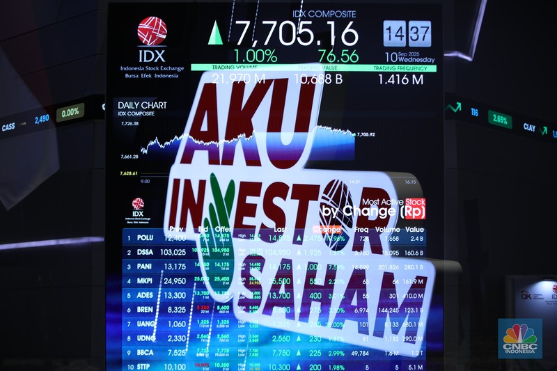 Layar menampilkan pergerakan Indeks Harga Saham Gabungan (IHSG) di Kantor Bursa Efek Indonesia (BEI), Jakarta, Rabu (10/9/2025). (CNBC Indonesia/Faisal Rahman)