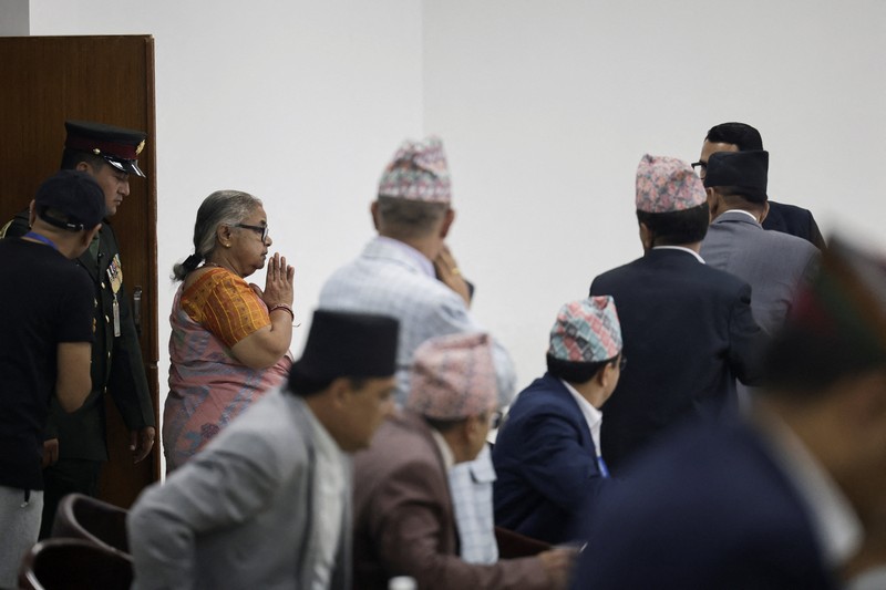 Perdana Menteri baru Nepal, Sushila Karki, menyampaikan pernyataan publik perdana usai dilantik, Minggu (14/9/2025). (Navesh Chitrakar/Navesh Chitrakar)