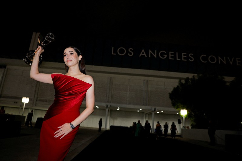 Britt Lower poses with the Best Actress in a Drama Series award for Severance, at the 77th Primetime Emmy Awards in Los Angeles, California, U.S., September 14, 2025. REUTERS/Daniel Cole