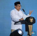 Menteri Koordinator Bidang Pemberdayaan Masyarakat (Menko PM) Muhaimin Iskandar menyampaikan arahan saat menghadiri acara Festival Kemudahan dan Perlindungan Usaha Mikro di GOR Tambora Politeknik Pariwisata, Kab. Lombok Tengah, Nusa Tenggara Barat (N