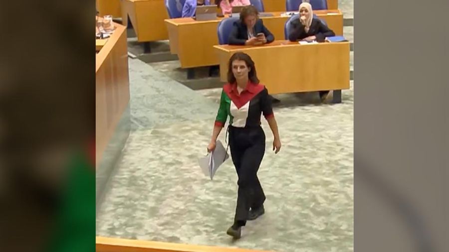 Anggota parlemen Belanda Esther Ouwehand mengenakan warna bendera Palestina selama debat parlemen. (Instagram/estherouwehandpvdd)