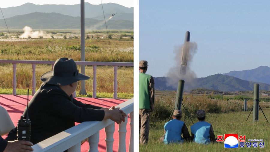 Pemimpin Korea Utara Kim Jong-un mengawasi langsung uji coba drone pada lokasi yang dirahasiakan di Korea Utara. (KCNA via REUTERS)