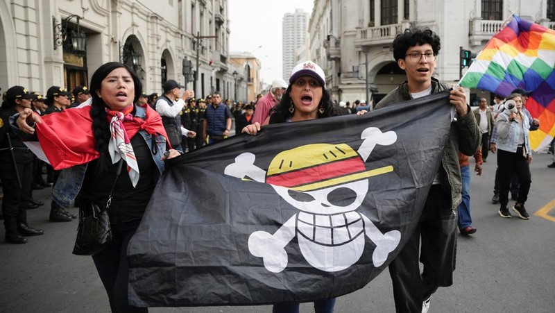 Protes terhadap pemerintahan Presiden Peru Dina Boluarte, Sabtu (20/9/2025). (REUTERS/Sebastian Castaneda)