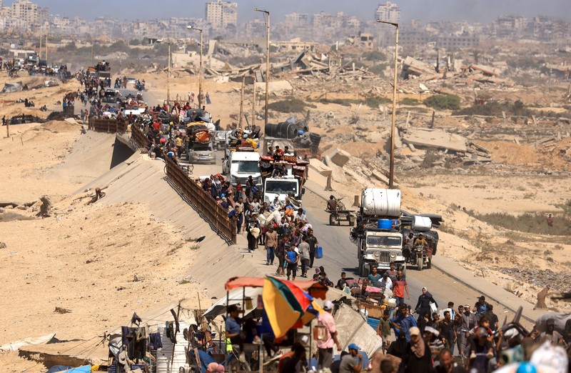 Sejumlah warga Palestina yang mengungsi di Gaza Selatan akibat agresi Israel, Senin (22/9/2025). Sejumlah warga Palestina yang mengungsi di Gaza Selatan akibat agresi Israel, Senin (22/9/2025). (REUTERS/Dawoud Abu Alkas)