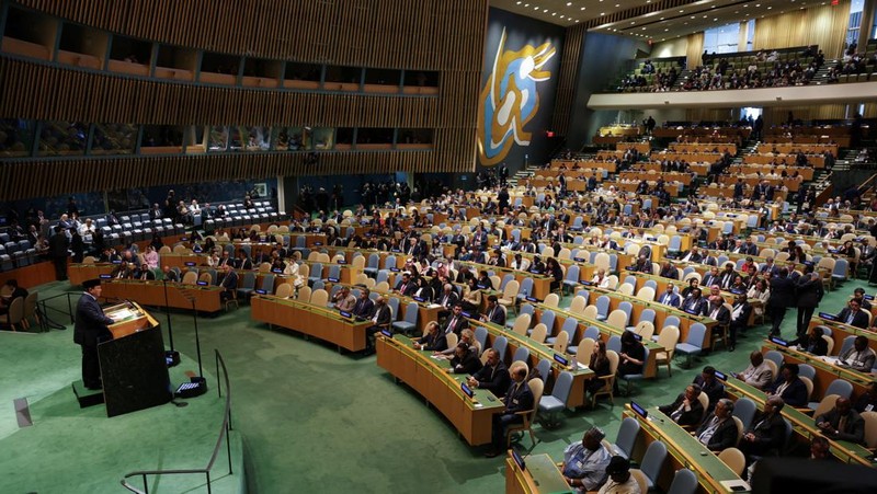 Presiden Indonesia Prabowo Subianto berpidato di Sidang Umum Perserikatan Bangsa-Bangsa ke-80 di Markas Besar PBB di New York, AS, 23 September 2025. (REUTERS/MIKE SEGAR)