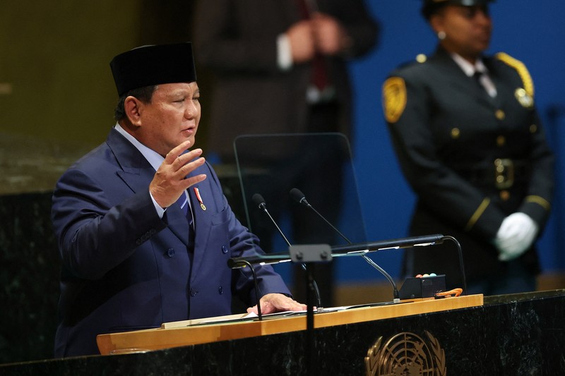 Presiden Indonesia Prabowo Subianto berpidato di Sidang Umum Perserikatan Bangsa-Bangsa ke-80 di Markas Besar PBB di New York, AS, 23 September 2025. (REUTERS/MIKE SEGAR)