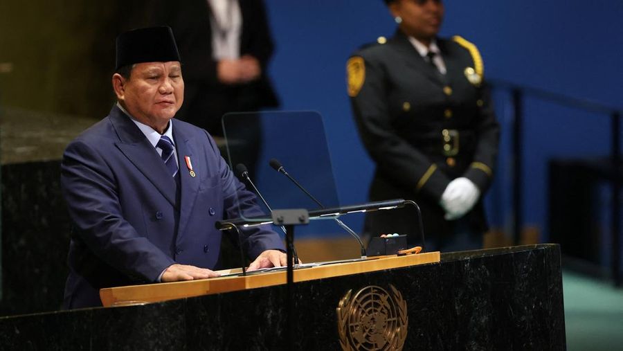 Presiden Indonesia Prabowo Subianto berpidato di Sidang Umum Perserikatan Bangsa-Bangsa ke-80 di Markas Besar PBB di New York, AS, 23 September 2025. (REUTERS/Shannon STAPLETON)