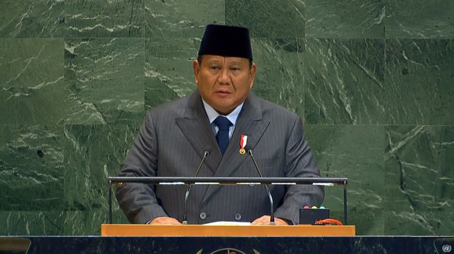 Presiden Prabowo Subianto saat menyampaikan pidato dalam rapat Perserikatan Bangsa-bangsa di New York City, AS, (22/9/2025). (Tangkapan Layar Youtube/United Nations
