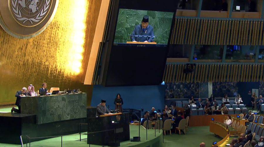 Presiden Prabowo Subianto saat menyampaikan pidato dalam rapat Perserikatan Bangsa-bangsa di New York City, AS, (22/9/2025). (Tangkapan Layar Youtube/United Nations