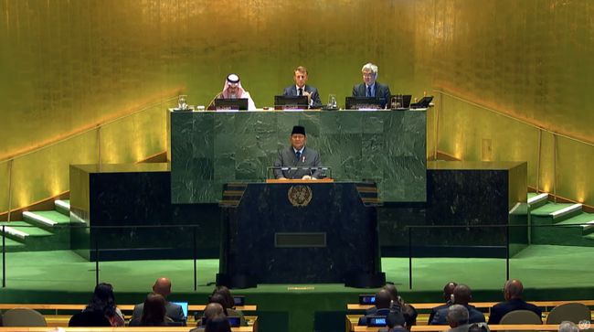 Presiden Prabowo Subianto saat menyampaikan pidato dalam rapat Perserikatan Bangsa-bangsa di New York City, AS, (22/9/2025). (Tangkapan Layar Youtube/United Nations