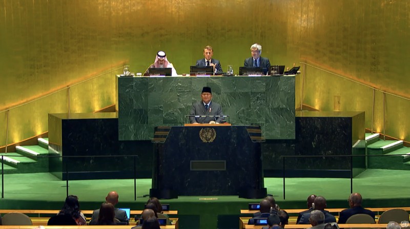 Presiden Prabowo Subianto saat menyampaikan pidato dalam rapat Perserikatan Bangsa-bangsa di New York City, AS, (22/9/2025). (Tangkapan Layar Youtube/United Nations