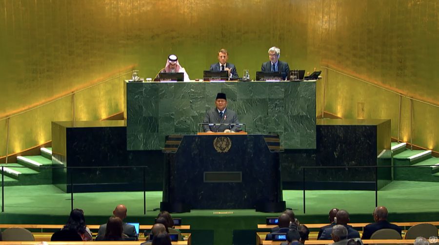 Presiden Prabowo Subianto saat menyampaikan pidato dalam rapat Perserikatan Bangsa-bangsa di New York City, AS, (22/9/2025). Presiden Prabowo Subianto saat menyampaikan pidato dalam rapat Perserikatan Bangsa-bangsa di New York City, AS, (22/9/2025). (Tangkapan Layar Youtube/United Nations