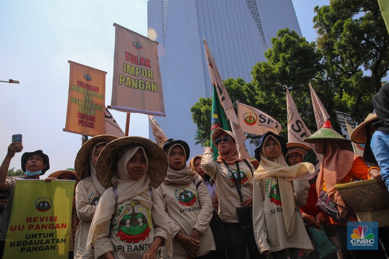 Ratusan petani Indramayu yang tergabung dalam Serikat Tani Indramayu menggelar aksi di depan Kementerian Pertanian, Jakarta, Rabu (24/9/2025). (CNBC Indonesia/Muhammad Sabki)