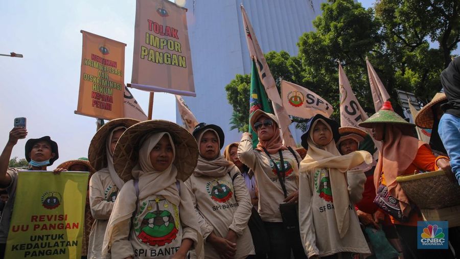 Ratusan petani Indramayu yang tergabung dalam Serikat Tani Indramayu menggelar aksi di depan Kementerian Pertanian, Jakarta, Rabu (24/9/2025). (CNBC Indonesia/Muhammad Sabki)