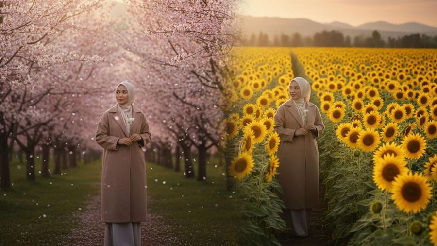 Foto kolase hasil olahan gambar Gemini AI dengan bertema taman bunga sakura dan taman bunga matahari. (Gemini AI)