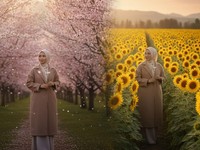 2 Prompt Gemini AI Edit Foto Dikelilingi Bunga Matahari dan Sakura