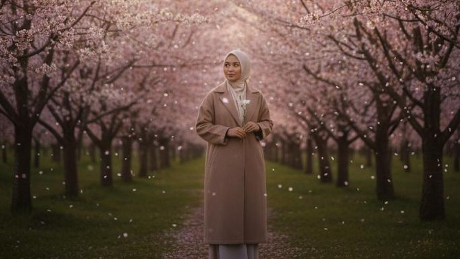 Hasil olahan gambar Gemini AI dengan bertema seorang wanita berhijab berpose di bunga Sakura. (Gemini AI)