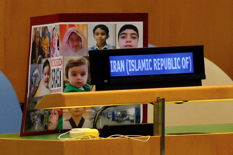 A screen displays Israeli Prime Minister Benjamin Netanyahu during his address, at the 80th United Nations General Assembly (UNGA) at U.N. headquarters in New York City, U.S., September 26, 2025. REUTERS/Jeenah Moon