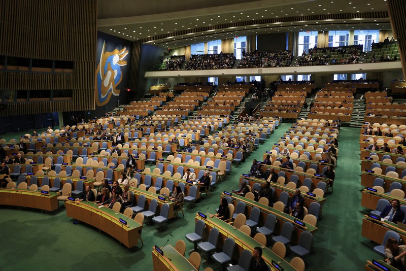 A screen displays Israeli Prime Minister Benjamin Netanyahu during his address, at the 80th United Nations General Assembly (UNGA) at U.N. headquarters in New York City, U.S., September 26, 2025. REUTERS/Jeenah Moon