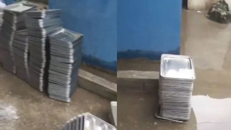 Air yang dipakai untuk mencuci wadah penyajian (food tray) program makan bergizi gratis di sebuah Satuan Pelayanan Pemenuhan Gizi (SPPG) di Cibadak, Kab. Lebak, Banten diduga tercampur dengan air bekas limbah makanan. (Foto Kombinasi/Ist Tangkapan Layar)