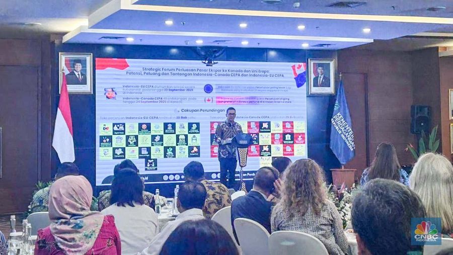 Menteri Perdagangan (Mendag) Budi Santoso dalam acara Strategic Forum ‘Perluasan Pasar Ekspor ke Kanan dan Uni Eropa’ di Auditorium Kemendag, Jakarta, Senin (29/9/2025). (CNBC Indonesia/Martyasari Rizky)