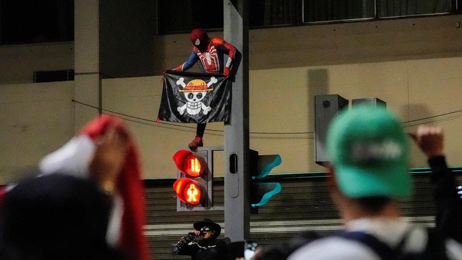 Seorang pengunjuk rasa berkostum Spider-Man memegang bendera bergambar tengkorak di balik topi jerami, simbol dari manga Jepang