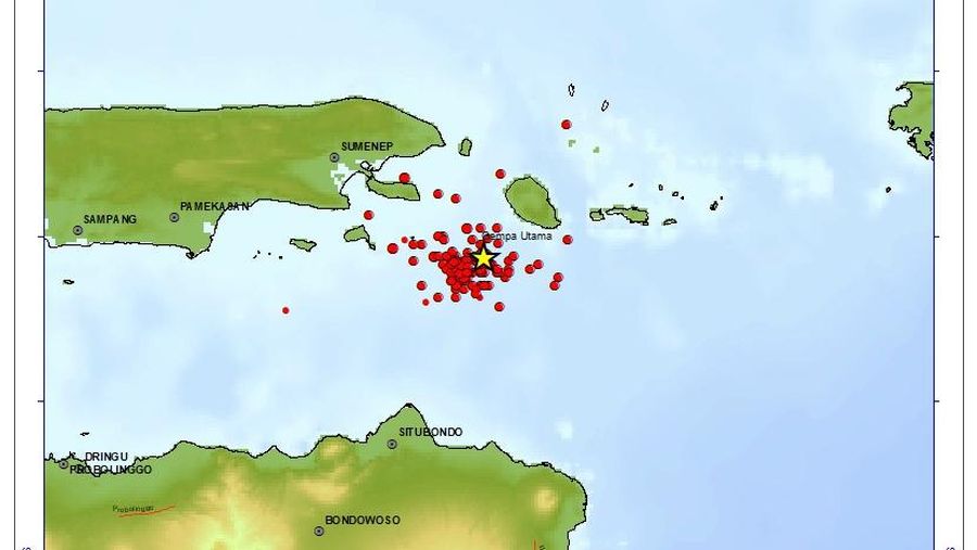 Peta gempa susulan guncang Kabupaten Sumenep, Jawa Timur sejak gempa pertama M6,5 hari Selasa (30/9/2025). (Dok. BMKG)