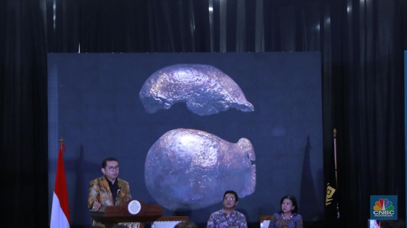 Menteri Kebudayaan Fadli Zon memberi sambutan dalam Taklimat Media Repatriasi Fosil Koleksi Eugene Dubois di Museum Nasional, Jakarta, Kamis, (2/10/2025). (CNBC Indonesia/Muhammad Sabki)