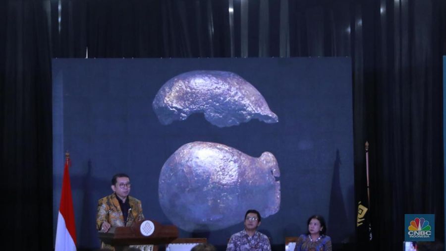 Menteri Kebudayaan Fadli Zon memberi sambutan dalam Taklimat Media Repatriasi Fosil Koleksi Eugene Dubois di Museum Nasional, Jakarta, Kamis, (2/10/2025). (CNBC Indonesia/Muhammad Sabki)
