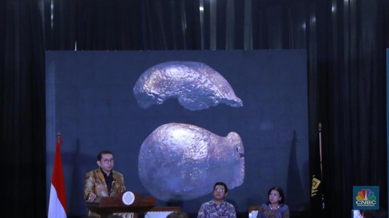 Menteri Kebudayaan Fadli Zon memberi sambutan dalam Taklimat Media Repatriasi Fosil Koleksi Eugene Dubois di Museum Nasional, Jakarta, Kamis, (2/10/2025). (CNBC Indonesia/Muhammad Sabki)