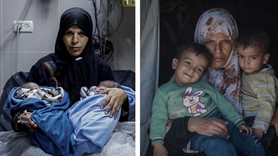 Foto Kombinasi, foto Kiri: Seorang wanita Palestina Iman Abdel Halim Abu Mutlaq menggendong bayi kembarnya yang baru lahir, Uday dan Hamza Abu Odah, di bangsal bersalin di Rumah Sakit Nasser, Khan Younis, Jalur Gaza selatan, 2 November 2023 dua tahun lalu. 
Foto Kanan: Iman Abdel Halim Abu Mutlaq menggendong putra kembarnya Uday dan Hamza Abu Odah di tenda tempat mereka berlindung, di daerah Mawasi, di Khan Younis di Jalur Gaza selatan, 18 September 2025.  (REUTERS/Mohammed Salem-Ramadan Abed)