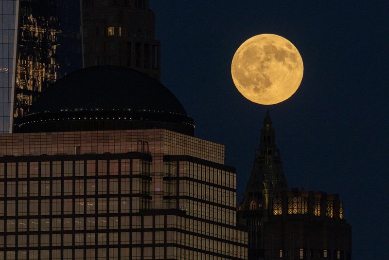Supermoon pertama tahun ini, yang dikenal sebagai Harvest Moon, terbit di atas Manhattan bagian bawah, seperti yang terlihat dari Jersey City, New Jersey, AS, 6 Oktober 2025. (REUTERS/Kylie Cooper)
