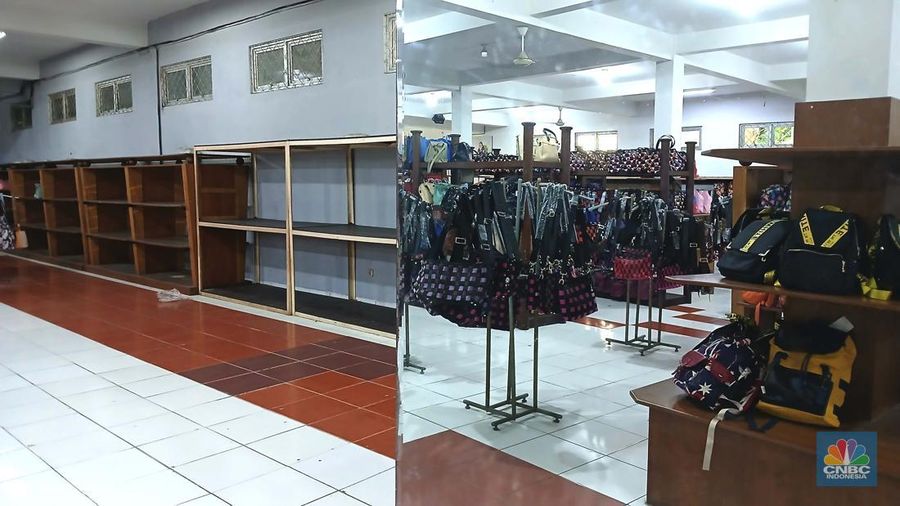 Suasana sepi toko Tas Tajur di Katulampa, Parung Banteng, Bogor, Jawa Barat, Kamis (9/10/2025). Barang-barang terpajang rapi tanpa pengunjung di toko (Sumber Karya Indah) SKI. (CNBC Indonesia/Tri Susilo)