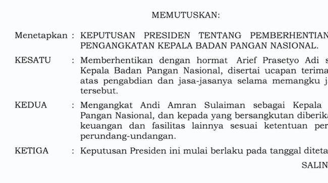 Prabowo Berhentikan Kepala Bapanas Arief Prasetyo Adi, Diganti Amran