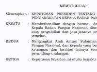 Prabowo Berhentikan Kepala Bapanas Arief Prasetyo Adi, Diganti Amran