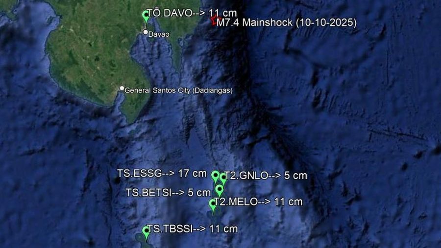 Titik tsunami efek Gempa M7,4 Palung Filipina Jumat 10 Oktober 2025 per pukul 11.00 WIB. (Dok:BMKG)